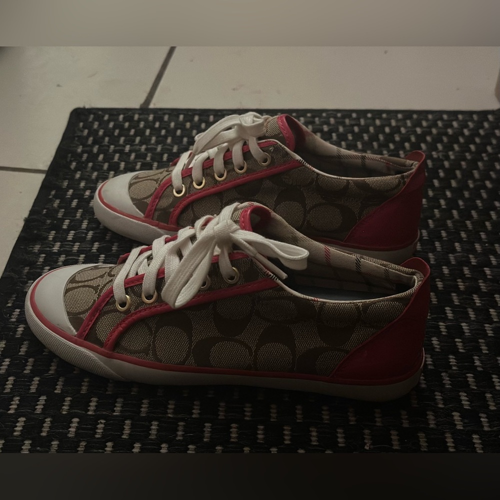 Coach “Barrett” Sneakers Brown Signature Canvas Sneakers with Pink Leather Trim - Picture 3 of 16